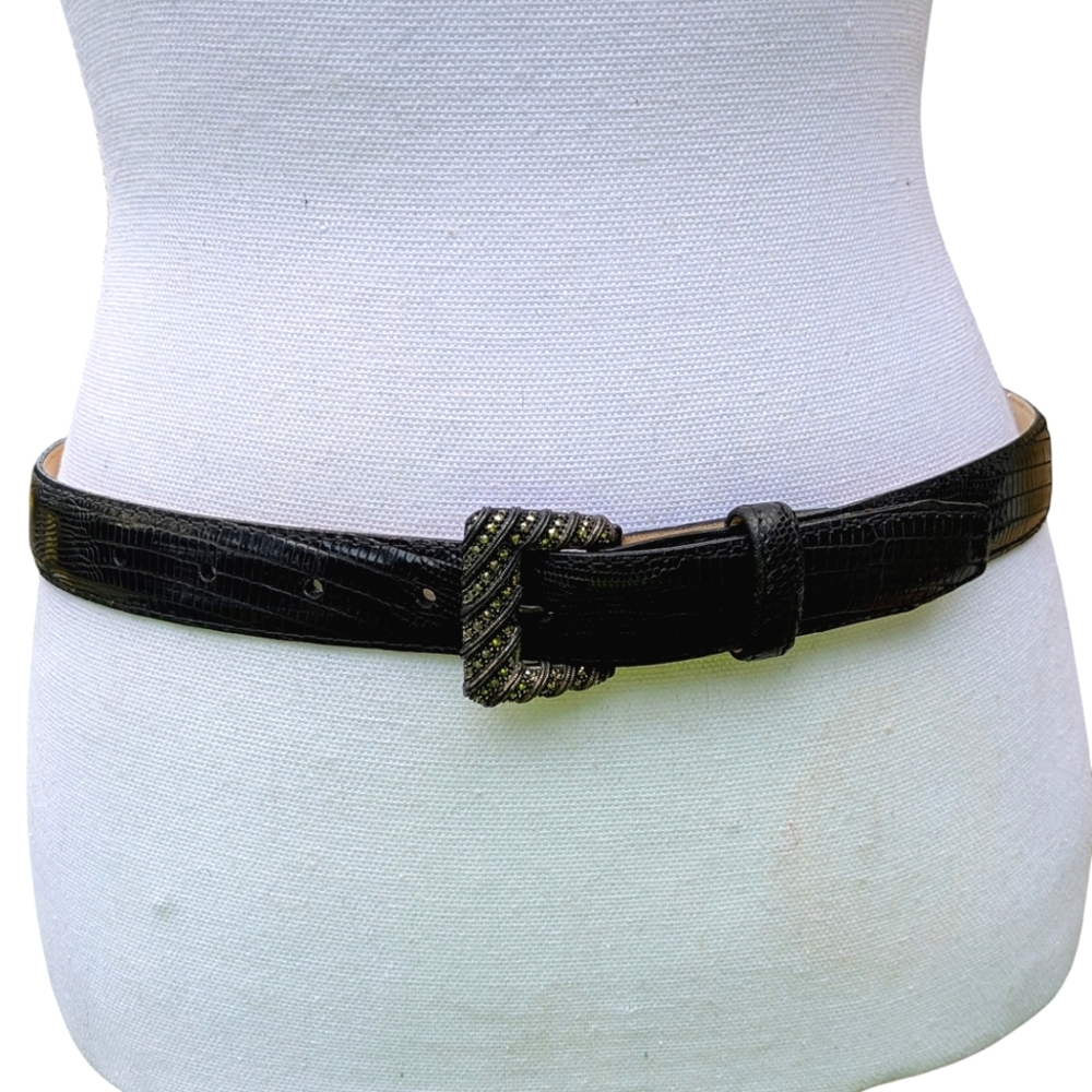 VINTAGE JUDITH CROC EMBOSSED 100% LEATHER MARCASITE STERLING SILVER BUCKEL BELT